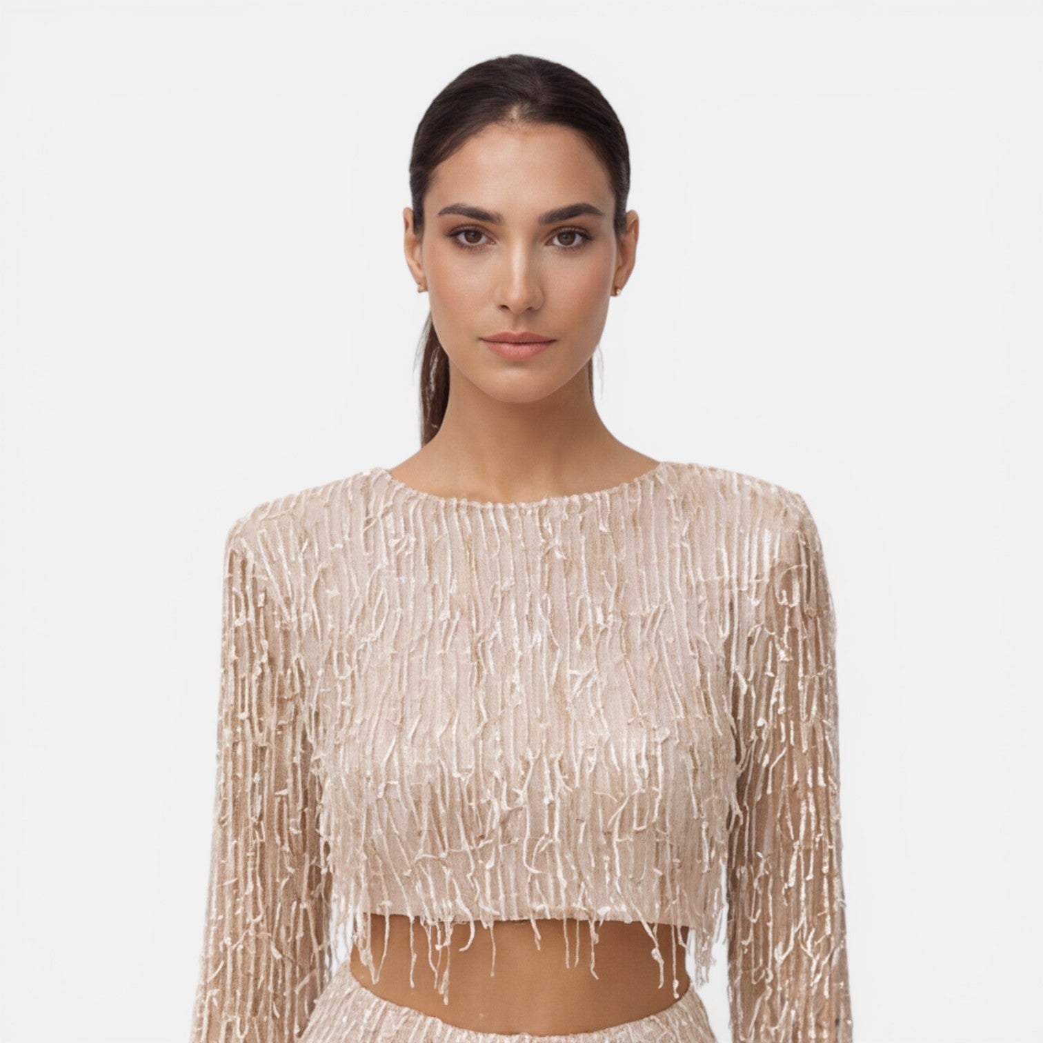 Talia Sequin And Beaded Wide Leg Two Piece Set - Beige