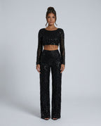 Talia Sequin And Beaded Wide Leg Two Piece Set - Black