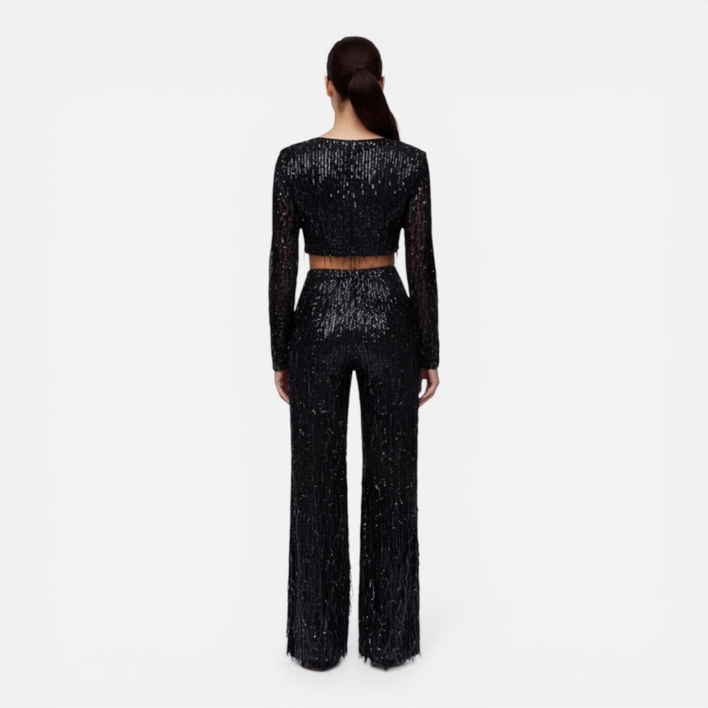 Talia Sequin And Beaded Wide Leg Two Piece Set - Black