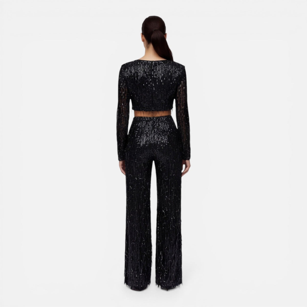 Talia Sequin And Beaded Wide Leg Two Piece Set - Black