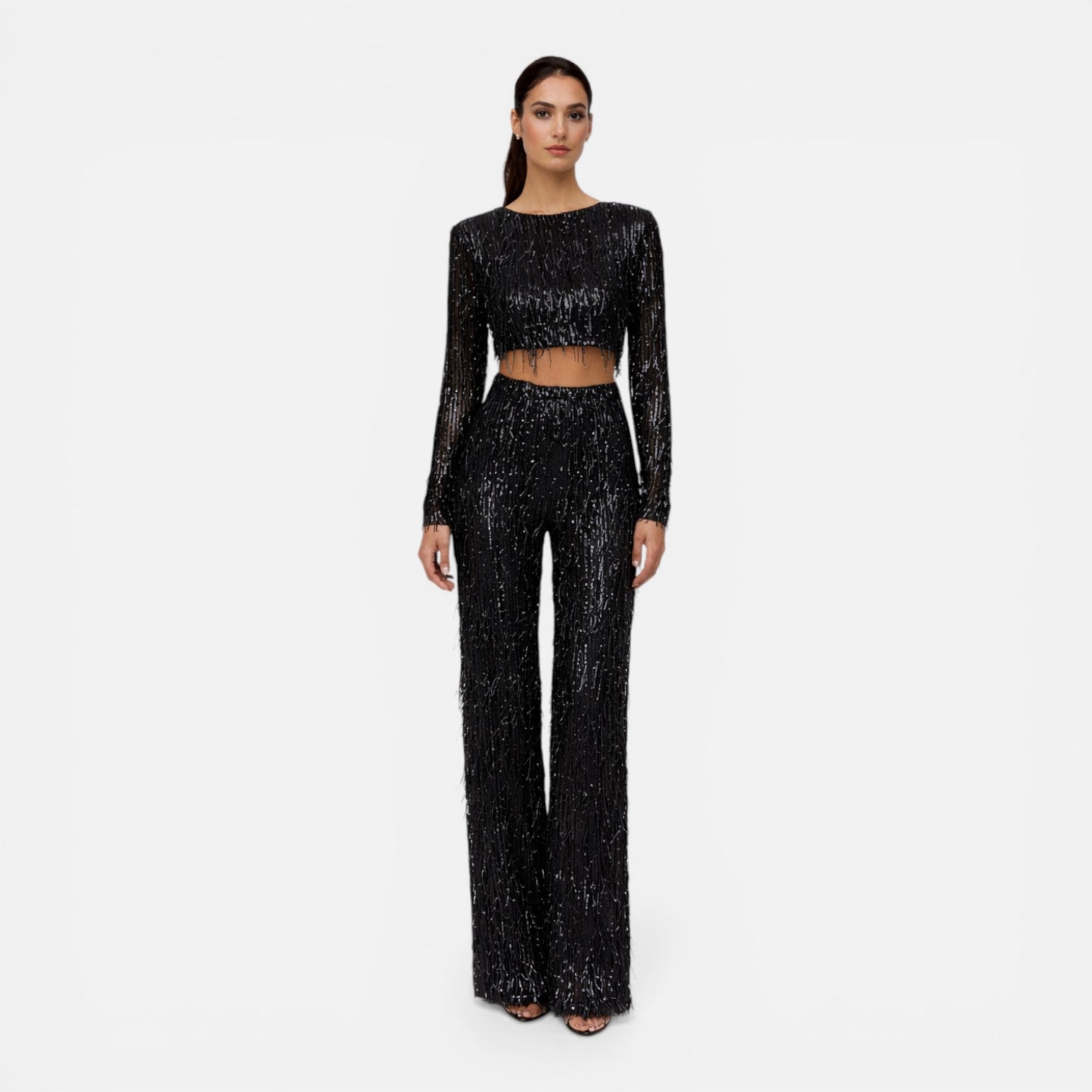 Talia Sequin And Beaded Wide Leg Two Piece Set - Black