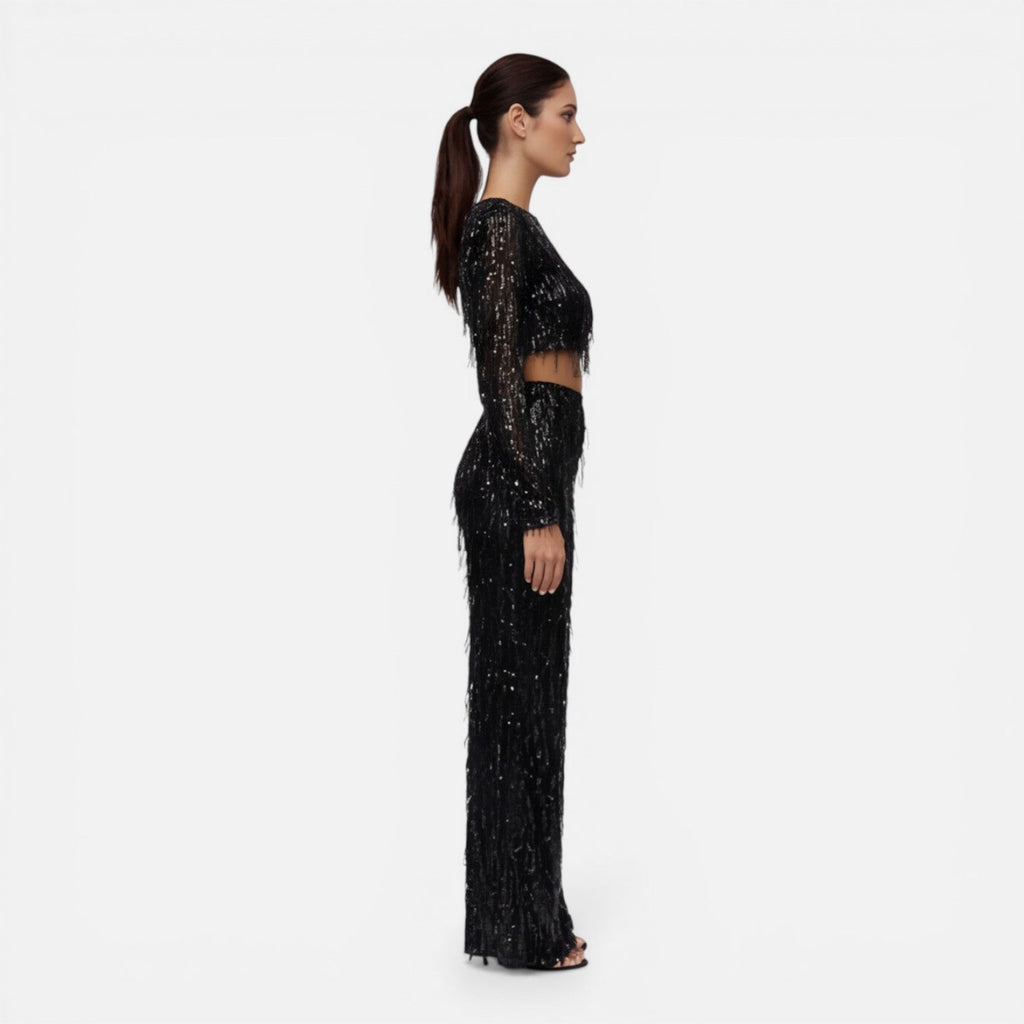 Talia Sequin And Beaded Wide Leg Two Piece Set - Black