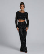 Talia Sequin And Beaded Wide Leg Two Piece Set - Black
