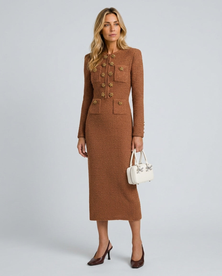 Tamsin Brown Rib Knit Button Front Midi Dress - Brown