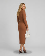 Tamsin Brown Rib Knit Button Front Midi Dress - Brown