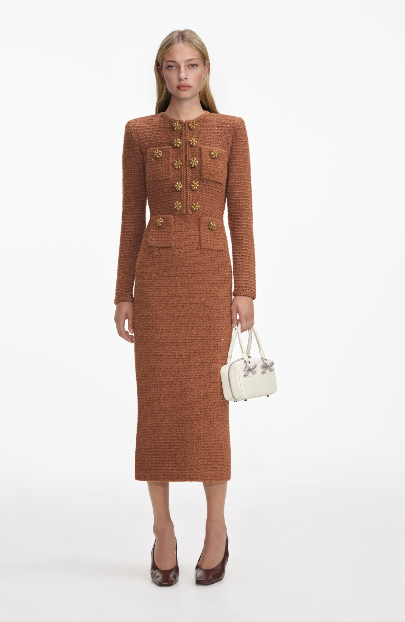Tamsin Brown Rib Knit Button Front Midi Dress - Brown