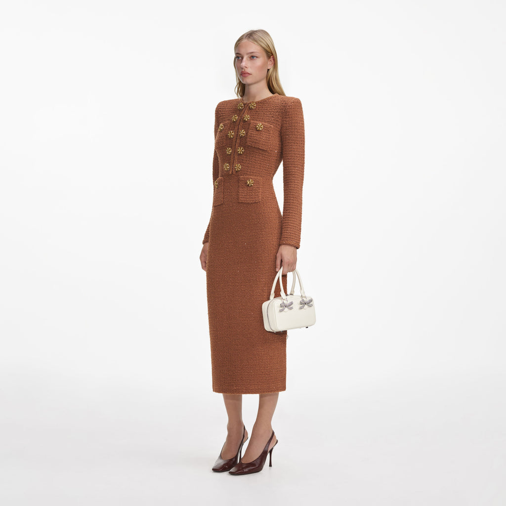 Tamsin Brown Rib Knit Button Front Midi Dress - Brown
