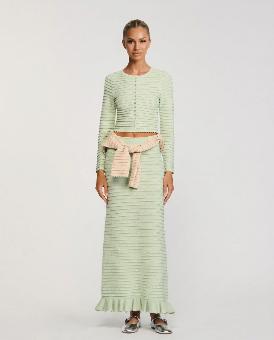 Tatum Round Neck Rib Knit Long Sleeve Two-Piece Set - Mint Green