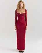Trudy Red Satin Sheen Lace Sleeve Corset Maxi Dress - Red