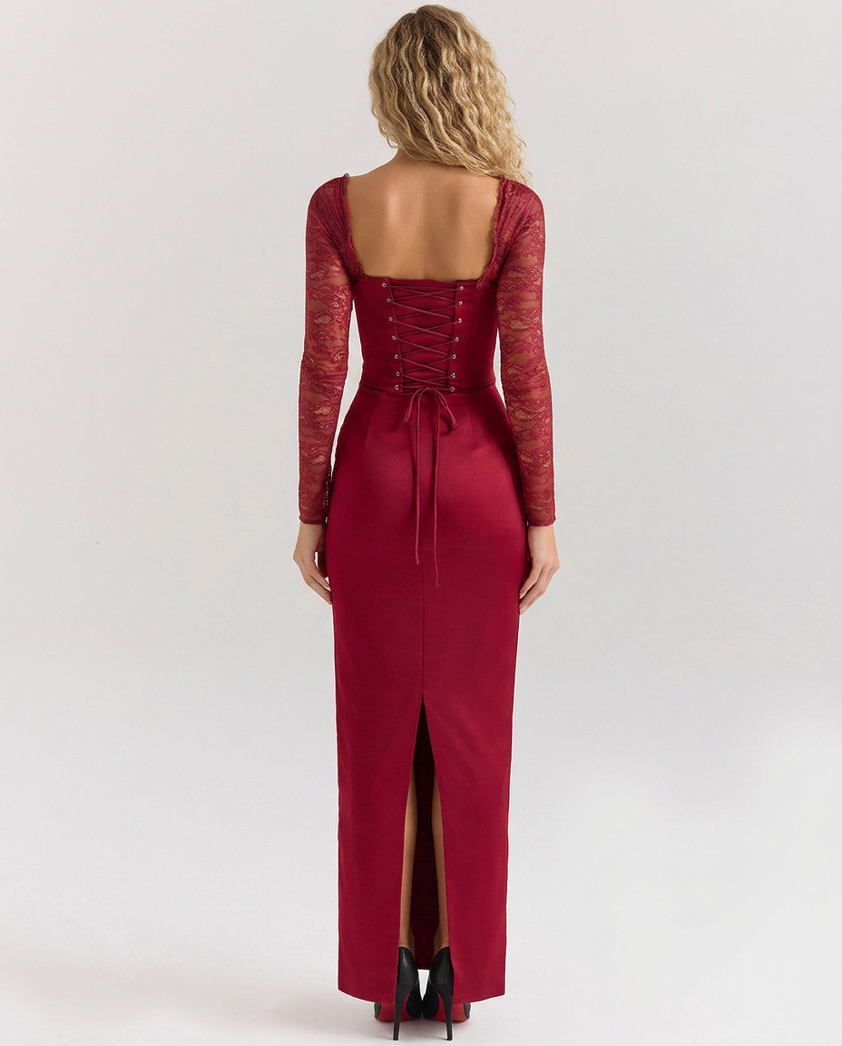 Trudy Red Satin Sheen Lace Sleeve Corset Maxi Dress - Red
