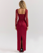 Trudy Red Satin Sheen Lace Sleeve Corset Maxi Dress - Red