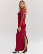 Trudy Red Satin Sheen Lace Sleeve Corset Maxi Dress - Red