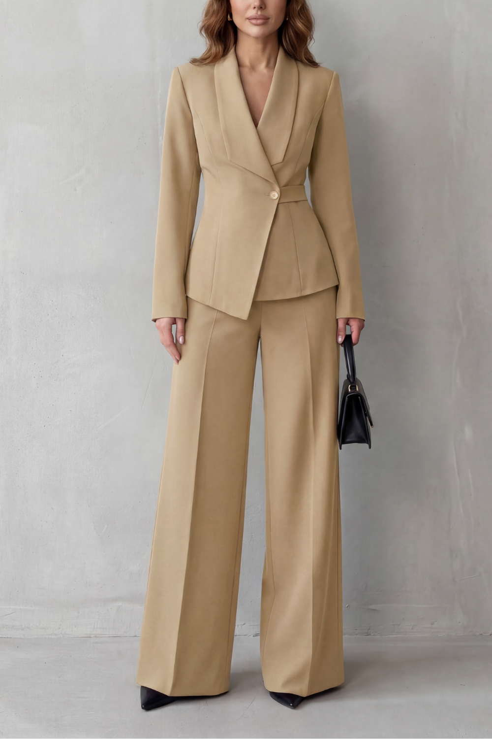 Valdérie Collared Wide Leg Tailored Two Piece Set - Beige
