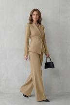 Valdérie Collared Wide Leg Tailored Two Piece Set - Beige