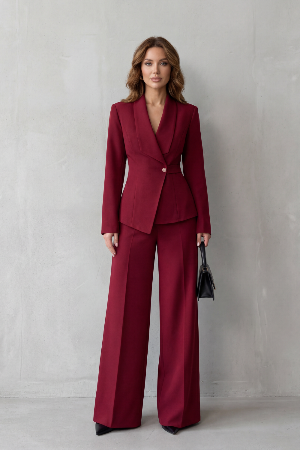 Valdérie Collared Wide Leg Tailored Two Piece Set - Red