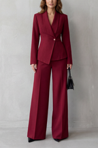 Valdérie Collared Wide Leg Tailored Two Piece Set - Red
