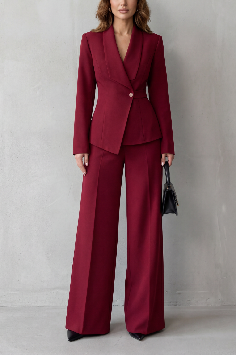 Valdérie Collared Wide Leg Tailored Two Piece Set - Red