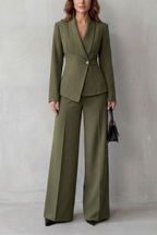Valdérie Collared Wide Leg Tailored Two Piece Set - Green