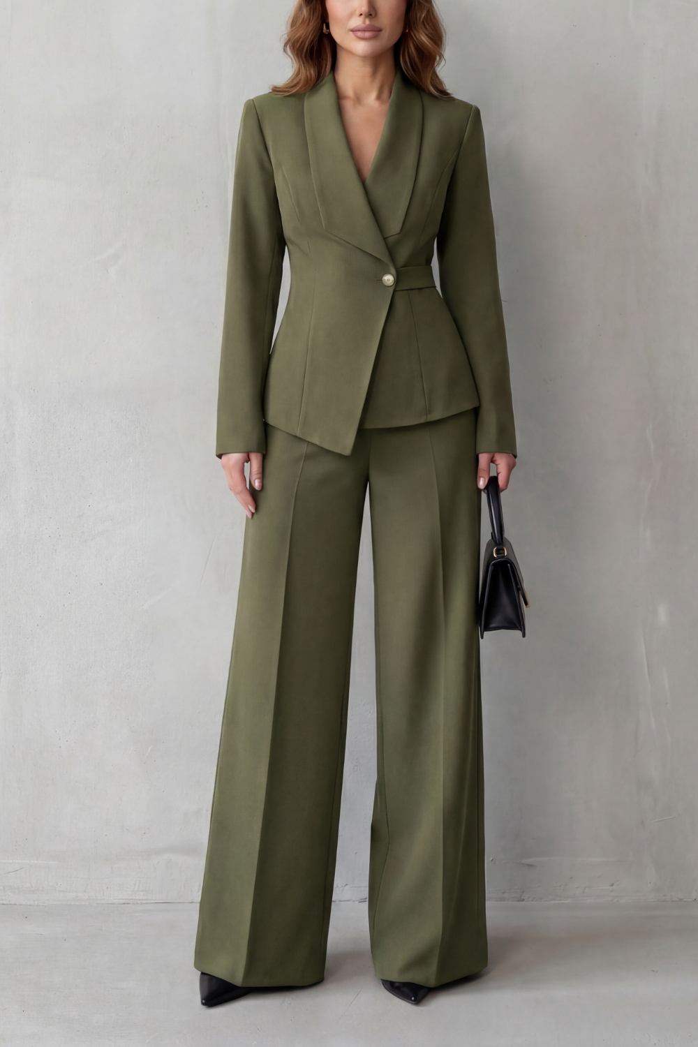 Valdérie Collared Wide Leg Tailored Two Piece Set - Green