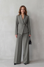 Valdérie Collared Wide Leg Tailored Two Piece Set - Gray