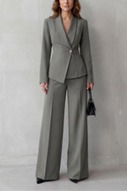 Valdérie Collared Wide Leg Tailored Two Piece Set - Gray