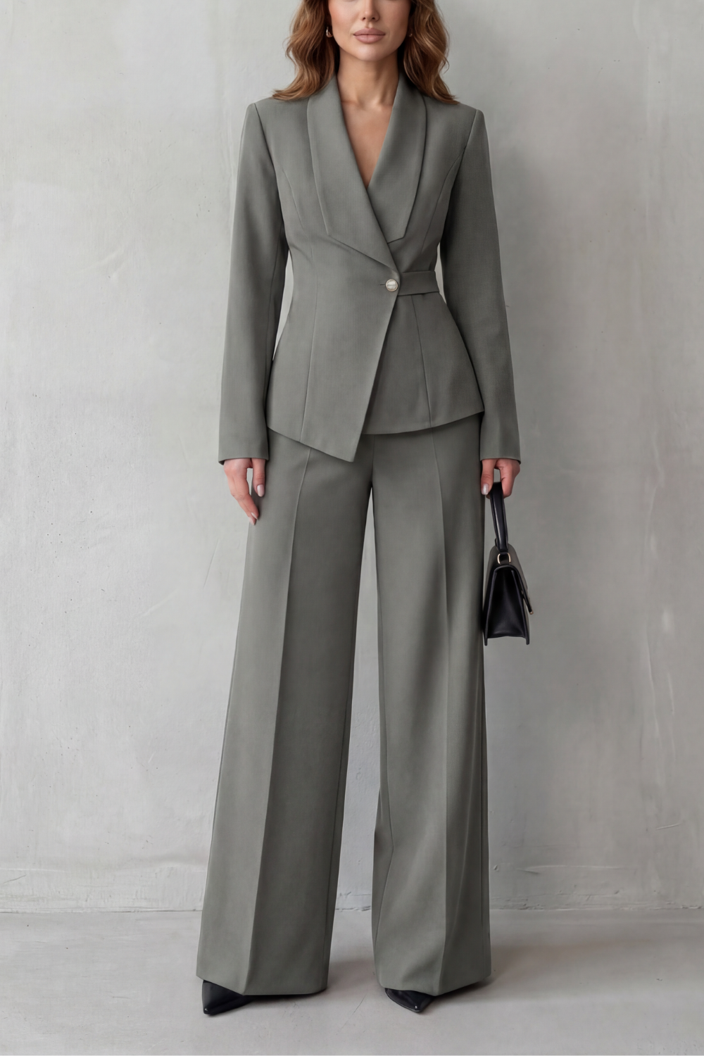 Valdérie Collared Wide Leg Tailored Two Piece Set - Gray