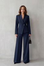 Valdérie Collared Wide Leg Tailored Two Piece Set - Navy