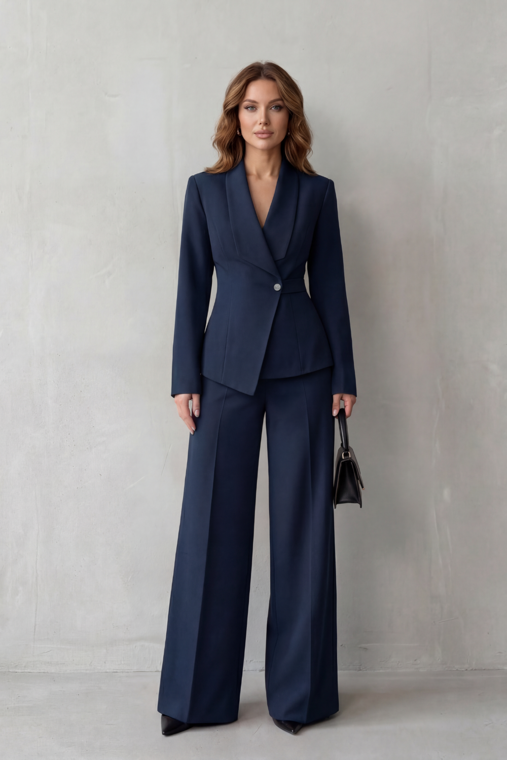 Valdérie Collared Wide Leg Tailored Two Piece Set - Navy