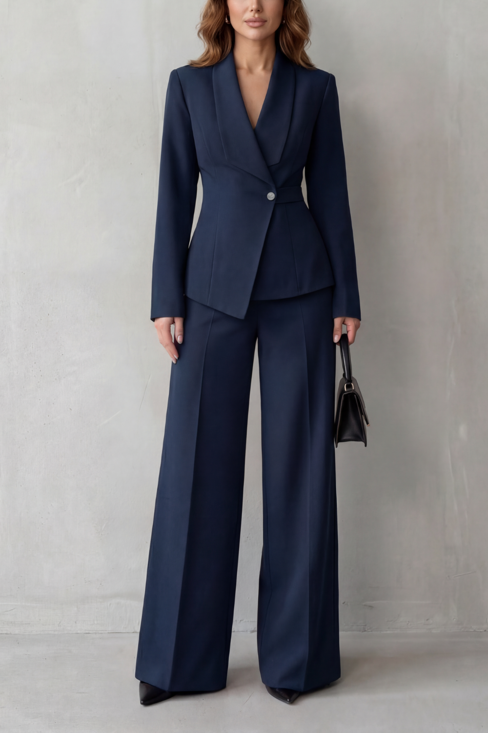 Valdérie Collared Wide Leg Tailored Two Piece Set - Navy