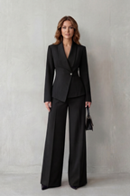Valdérie Collared Wide Leg Tailored Two Piece Set - Black