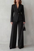 Valdérie Collared Wide Leg Tailored Two Piece Set - Black