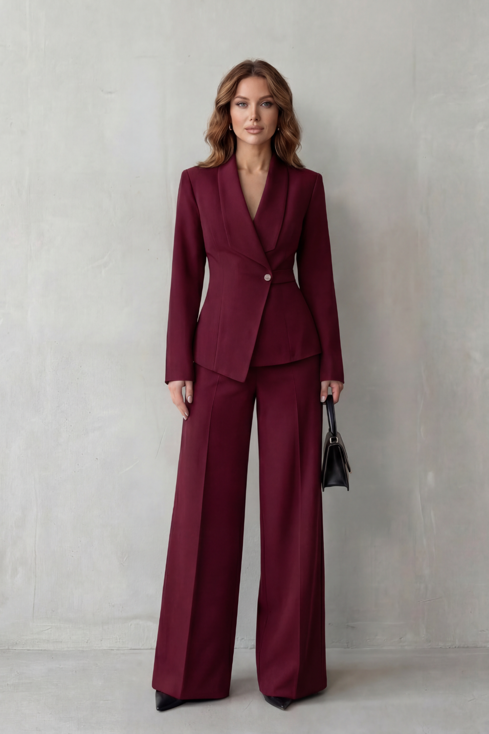 Valdérie Collared Wide Leg Tailored Two Piece Set - Burgundy