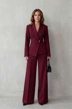 Valdérie Collared Wide Leg Tailored Two Piece Set - Burgundy