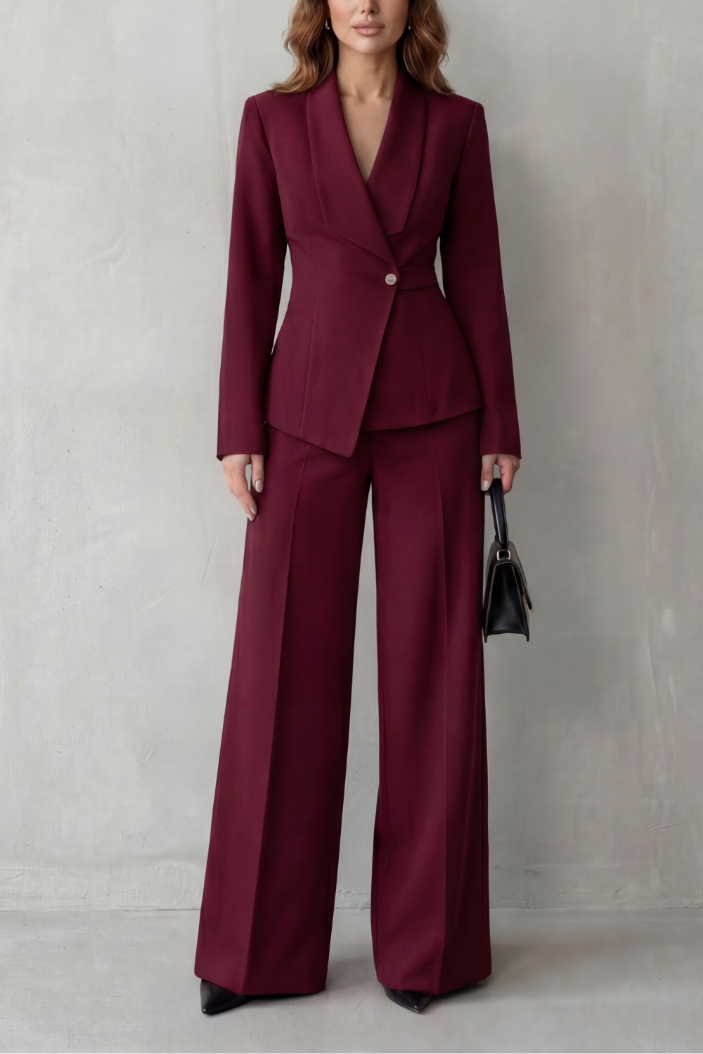 Valdérie Collared Wide Leg Tailored Two Piece Set - Burgundy