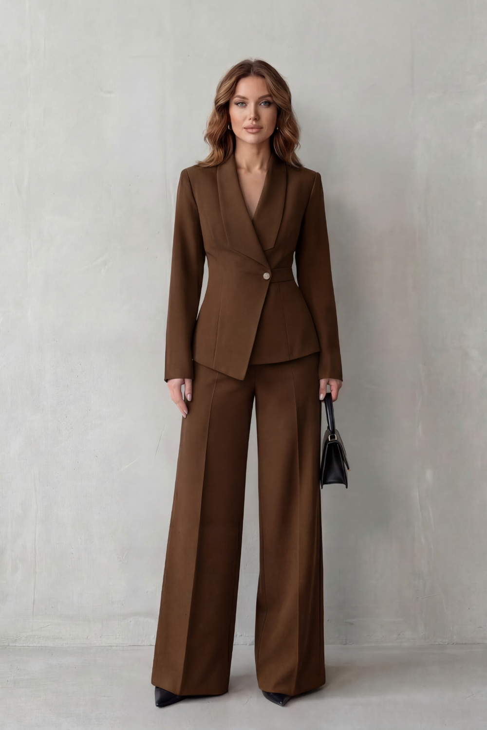 Valdérie Collared Wide Leg Tailored Two Piece Set - Brown