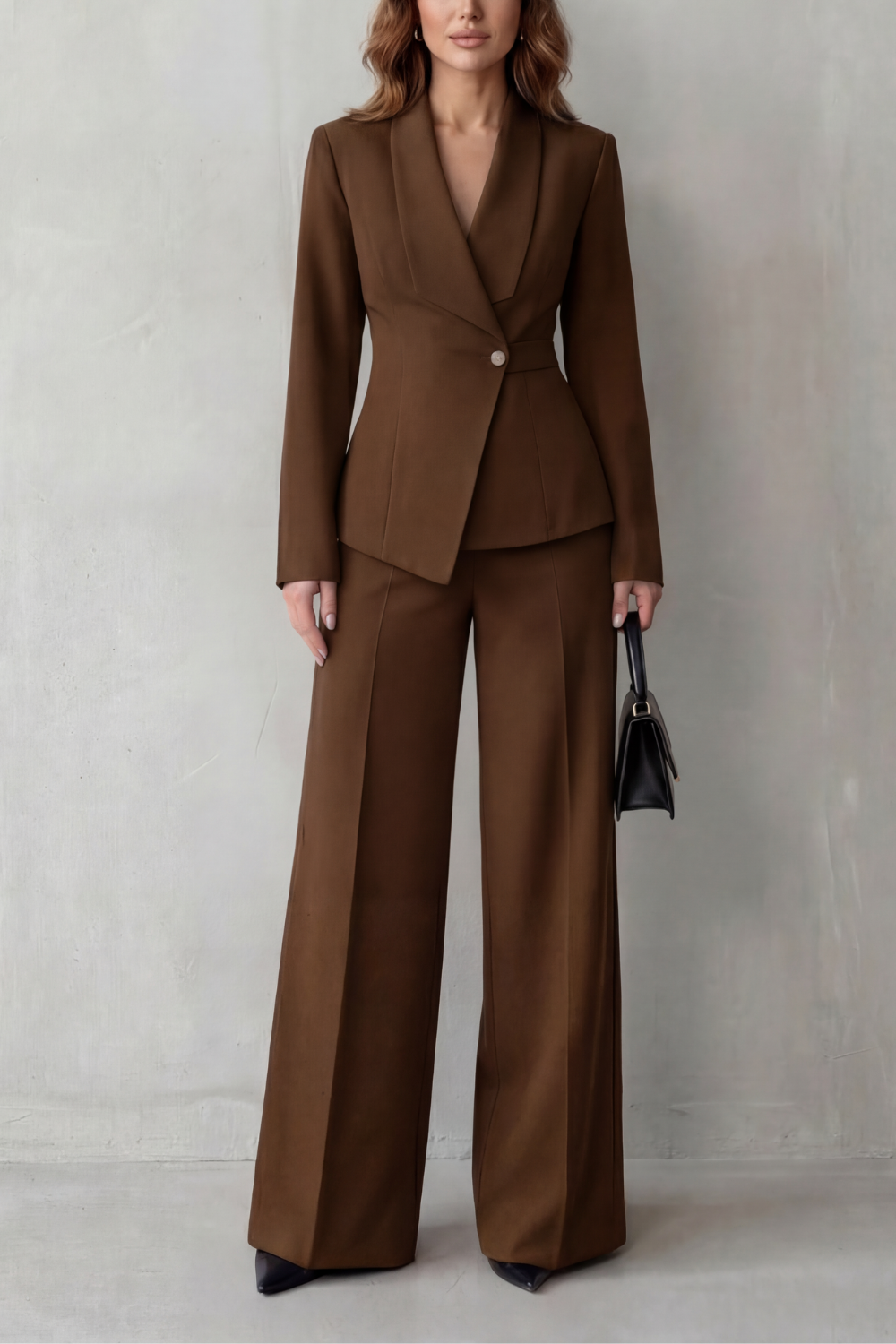 Valdérie Collared Wide Leg Tailored Two Piece Set - Brown