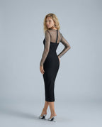 Valentina Long Sleeve Mesh Bodycon Midi Dress - Black