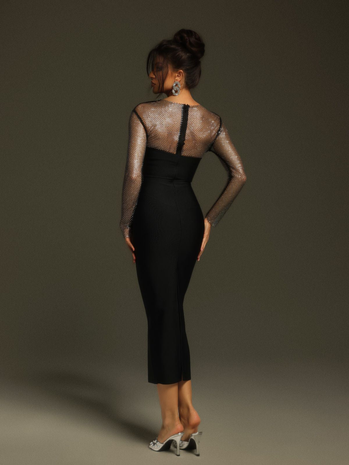 Valentina Long Sleeve Mesh Bodycon Midi Dress - Black