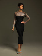 Valentina Long Sleeve Mesh Bodycon Midi Dress - Black