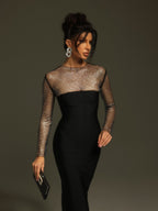 Valentina Long Sleeve Mesh Bodycon Midi Dress - Black