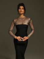 Valentina Long Sleeve Mesh Bodycon Midi Dress - Black