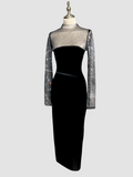 Valentina Long Sleeve Mesh Bodycon Midi Dress - Black