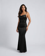 Valentina Metallic Sheen Ruched Fishtail Maxi Dress - Black