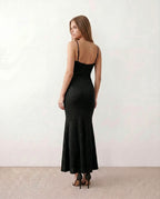 Valentina Metallic Sheen Ruched Fishtail Maxi Dress - Black