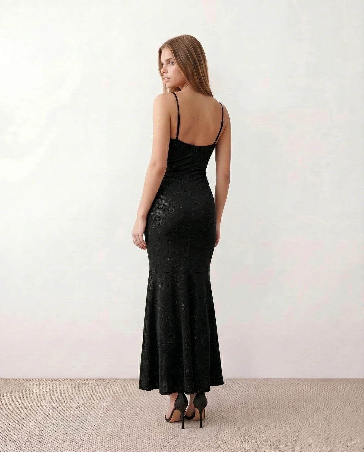 Valentina Metallic Sheen Ruched Fishtail Maxi Dress - Black