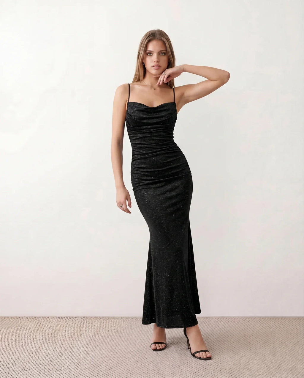 Valentina Metallic Sheen Ruched Fishtail Maxi Dress - Black