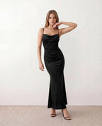 Valentina Metallic Sheen Ruched Fishtail Maxi Dress - Black