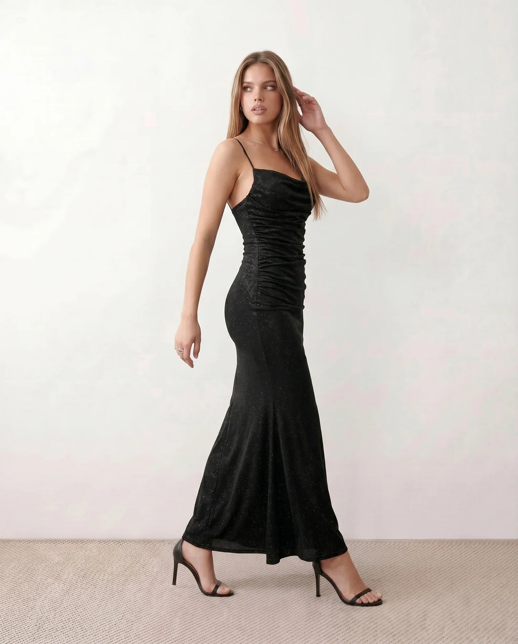 Valentina Metallic Sheen Ruched Fishtail Maxi Dress - Black