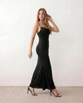 Valentina Metallic Sheen Ruched Fishtail Maxi Dress - Black