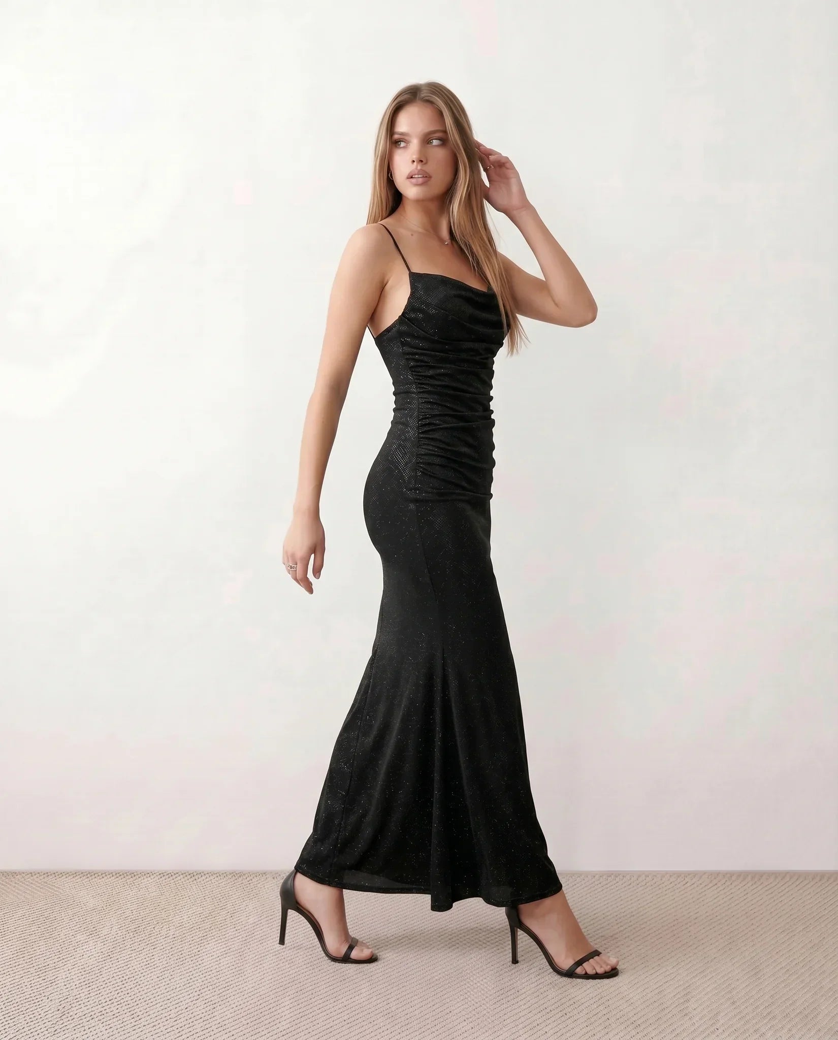 Valentina Metallic Sheen Ruched Fishtail Maxi Dress - Black